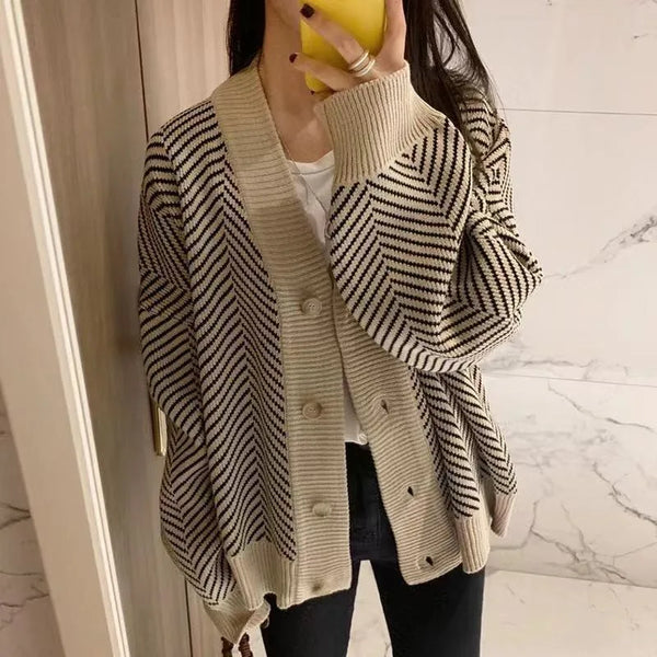 Striped Cardigan Sweater Women Long Sleeve Knit Jacket Fall Winter
