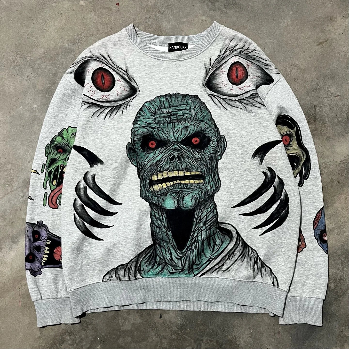 Men's Gothic Zombie Print Sweatshirt Grey Retro Loose Warm Pullover