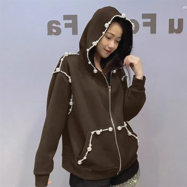 Autumn Women’s Gray Pearl Hoodie Coat Stylish Loose Fit Casual Cardigan