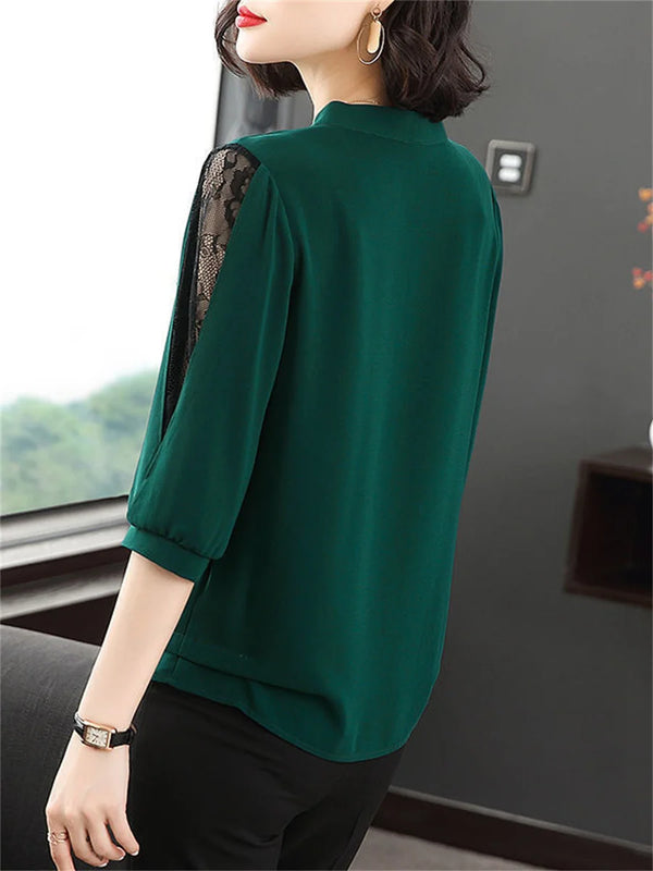 Bow Tie Collar Blouse Women Lace Sleeve Loose Spring Top