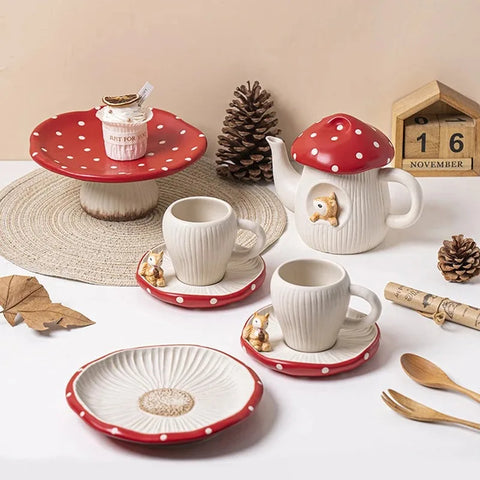 Cute Mushroom Ceramic Coffee Cupcake Plate Kettle Tableware Home Cartoon Mushroom