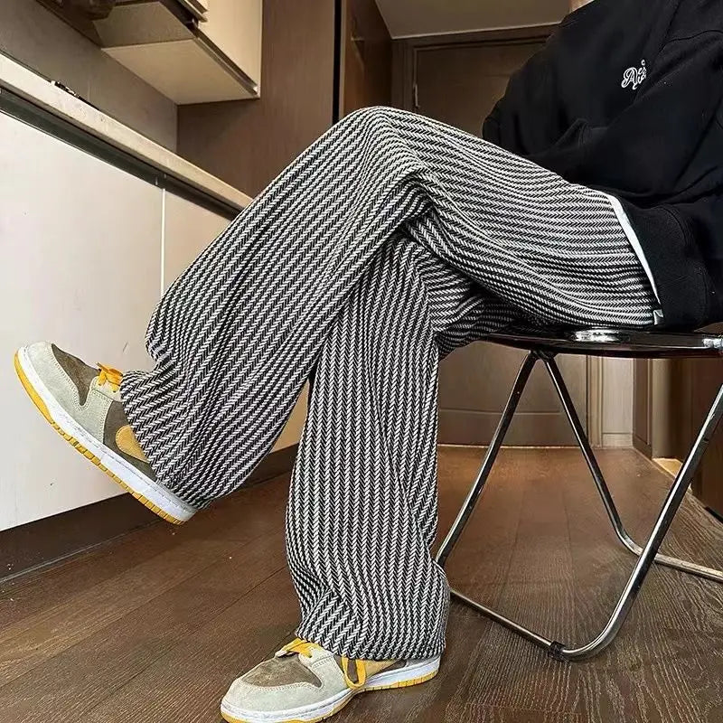 Men's Retro Black Striped Wide Leg Pants Loose Drawstring Trousers
