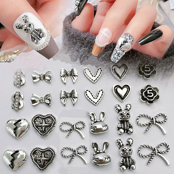 10pcs Retro Punk Nail Art Charm 3D Punk Silver Bows Heart Rabbit Dollar
