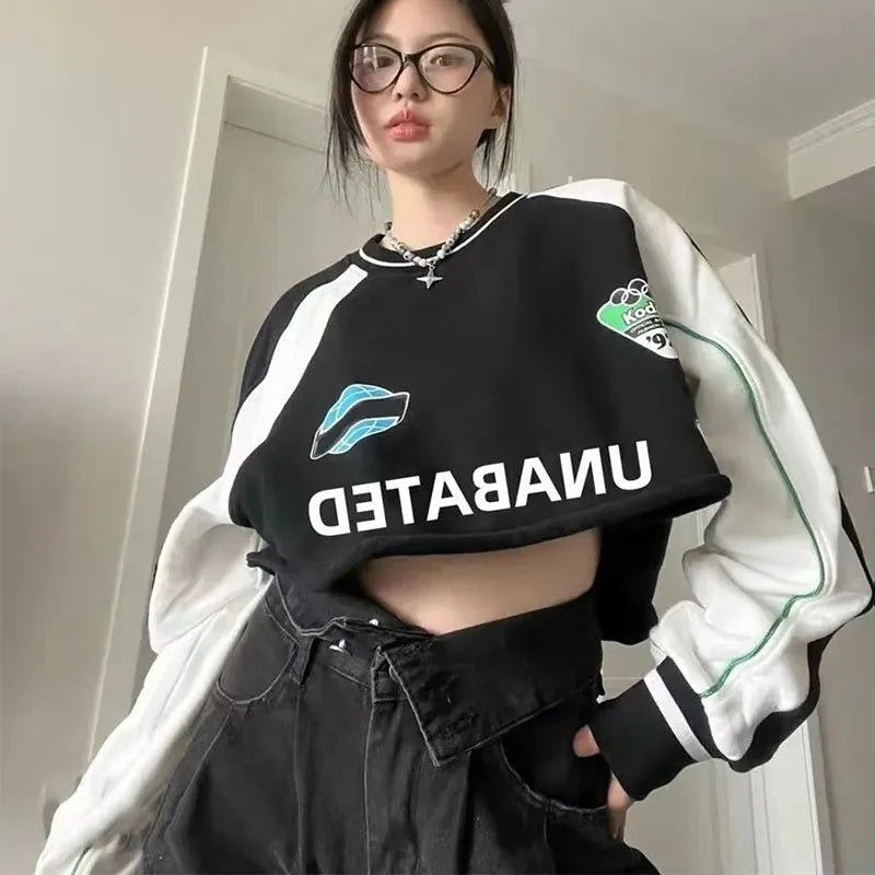 Y2K Letter Print Crop Sweatshirt Women Spring Fashion Patchwork Hoodie