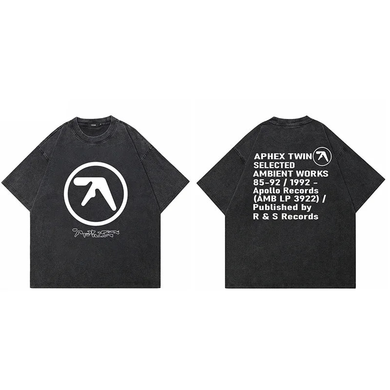 Men's Aphex Twin Washed Black Oversized Graphic Streetwear Tee