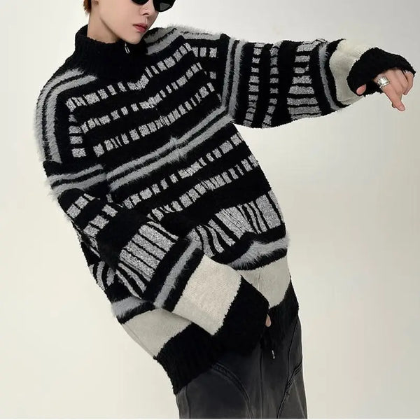 Unisex Y2K Color Block Cardigan Zip Up Retro Knit Couples Matching