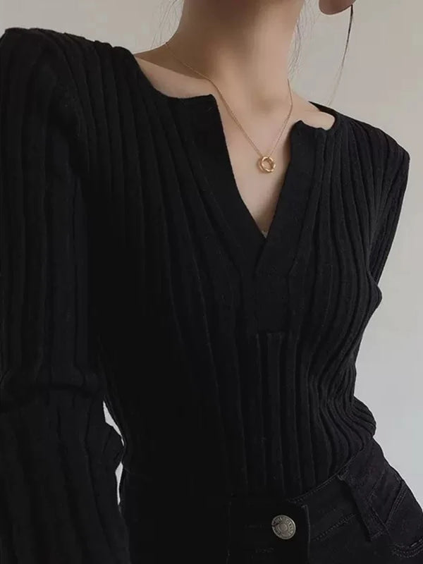 V Neck Base Layer Sweater Women Long Sleeve Slim Knit Fall Winter