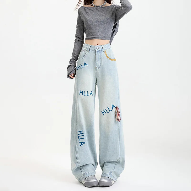 Women's High Waist Embroidered Wide Leg Jeans Light Blue Streetwear