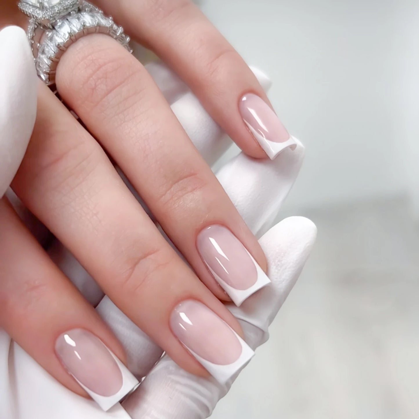 White French Tip Nails Nude Press On Square Charm