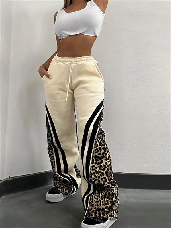 Women's Stripe Patchwork Flare Pants 2025 Leopard Print Trend
