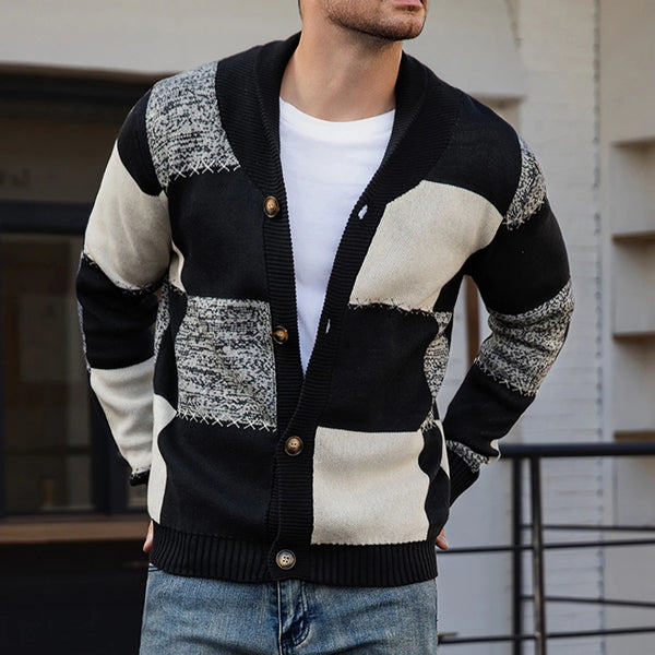 Mens Plaid Cardigan Sweater Colorblock Knit Jacket Fall Winter