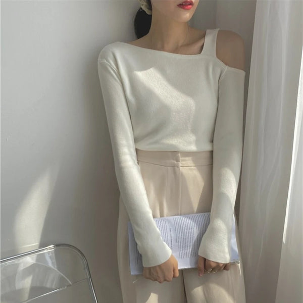 Womens Off Shoulder Knit Tee Y2K Slim Fit Sexy Solid Color Top