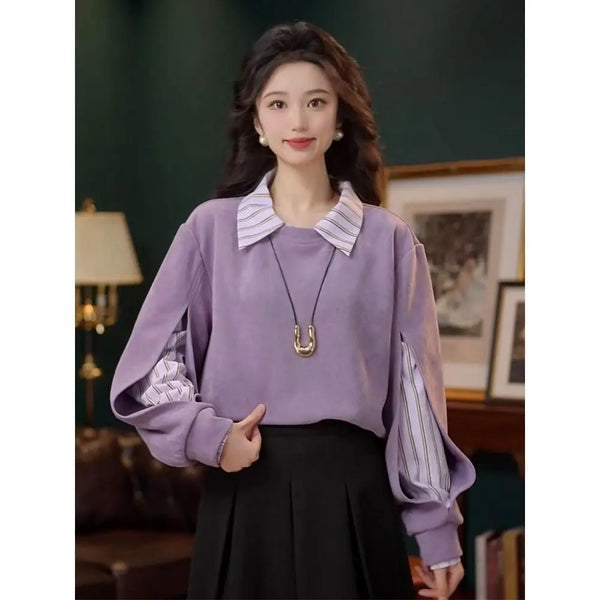 Womens Purple Sweatshirt Layered Look Oversized Y2K Retro Pullover
