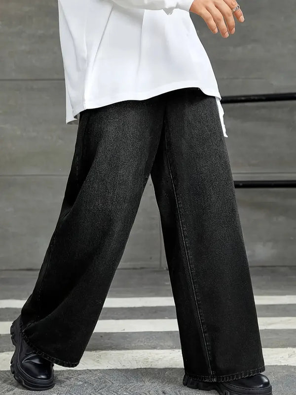 Mens Wide Leg Jeans Black Raw Hem Relaxed Fit Loose Denim Pants