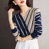 Womens Striped Pullover Sweater V Neck Long Sleeve Button Fall Winter