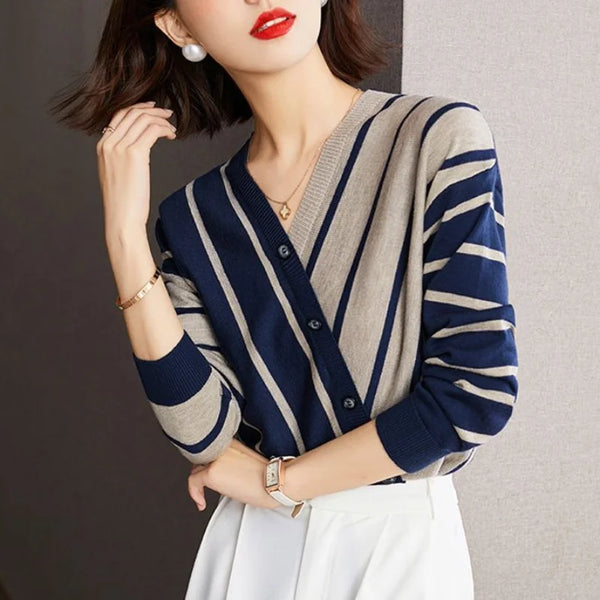 Womens Striped Pullover Sweater V Neck Long Sleeve Button Fall Winter