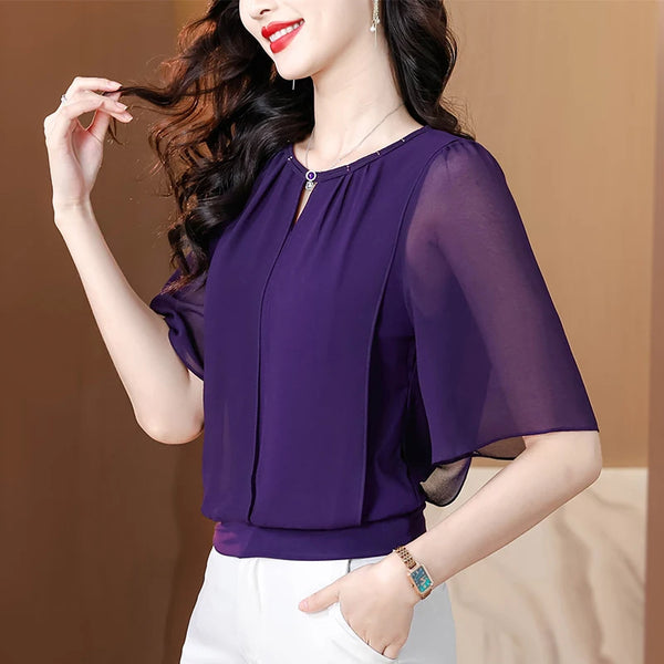 Half Sleeve Chiffon Blouse Women Loose Summer Pullover Top