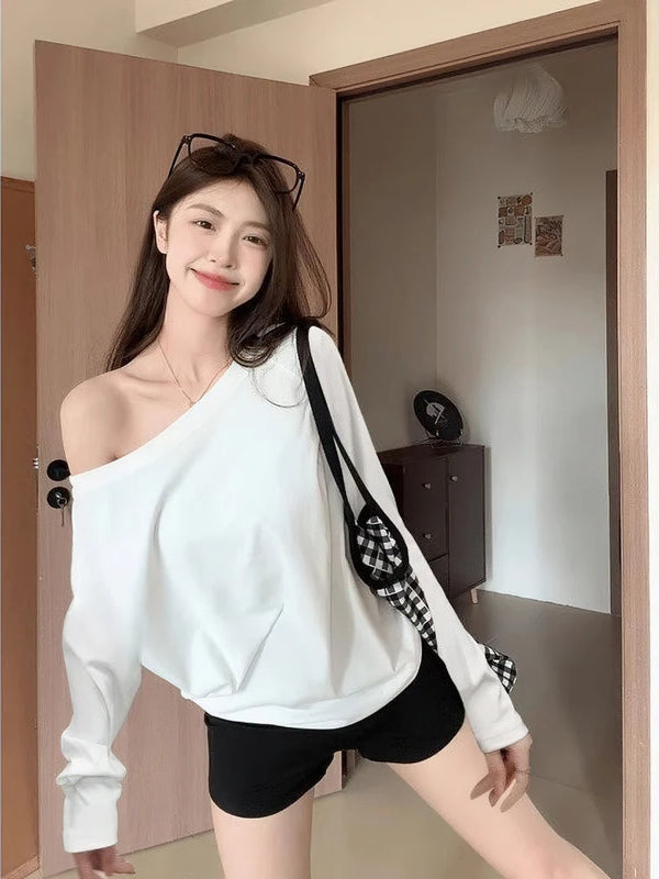Oversized Off Shoulder Long Sleeve Top Slouchy Loose Casual Tee