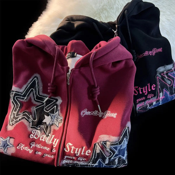 Star print vintage hoodies loose high street oversize sweatshirts trendy cool y2k cardigan