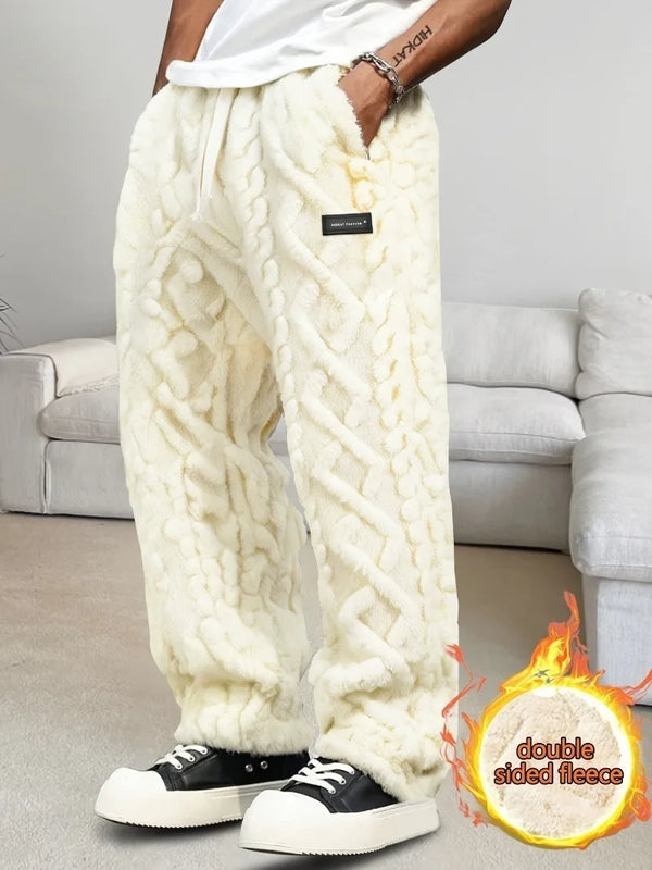 Mens Fleece Lined Pants Drawstring Geometric Print Winter Warm Cozy