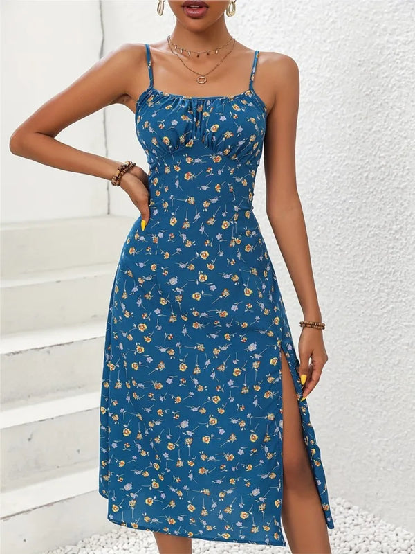 Summer Spaghetti Straps Polka Dot Slit Dress Women Boho Midi