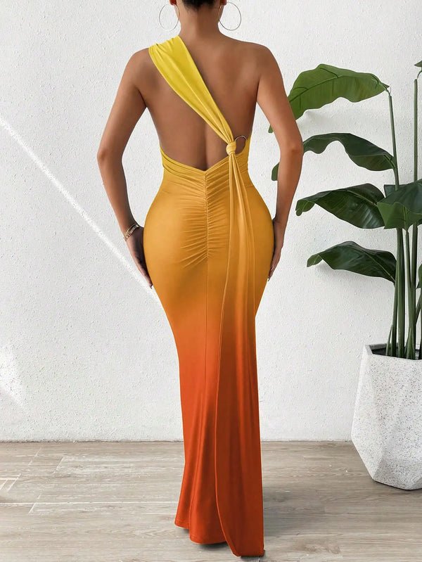 Elegant Sleeveless Women's Dress Skew Collar Asymmetrical Ruffle Design