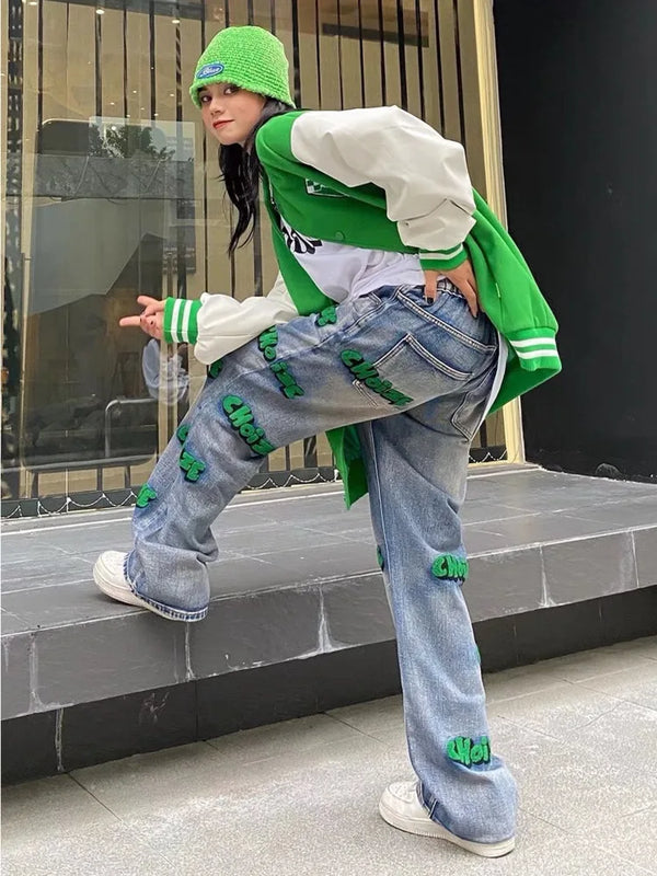 Women High Waist Embroidered Hip-Hop Wide Leg Jeans Fall