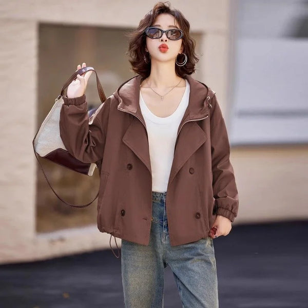 Womens Cropped Trench Coat Double Layer Hooded Short Windbreaker