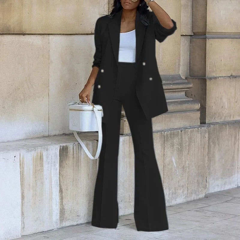 Elegant Women's Blazer and Pants Set Autumn Wide-Leg Trouser Suit