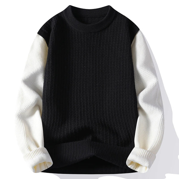 Mens Crew Neck Patchwork Sweater Long Sleeve Knit Pullover Casual