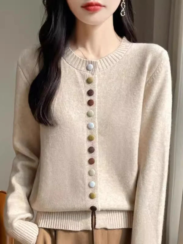 Womens Chunky Knit Cardigan Button Front Crew Neck Sweater Winter