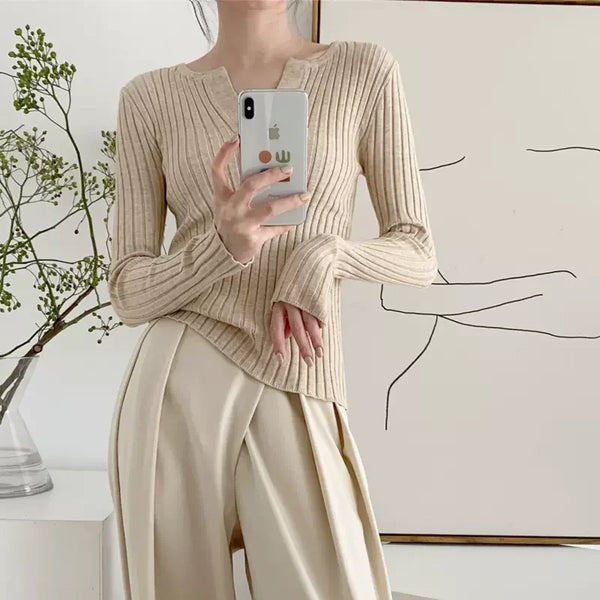 V Neck Base Layer Sweater Women Long Sleeve Slim Knit Fall Winter