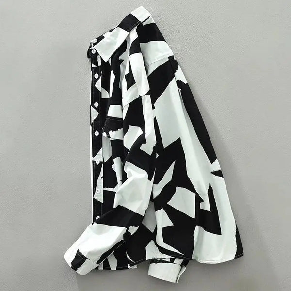 Mens Polo Collar Shirt Long Sleeve Button Up Abstract Print Casual