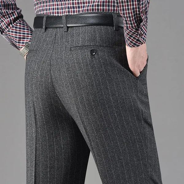 Men Fleece Lined Wool Dress Pants High Waist Winter Business Slacks