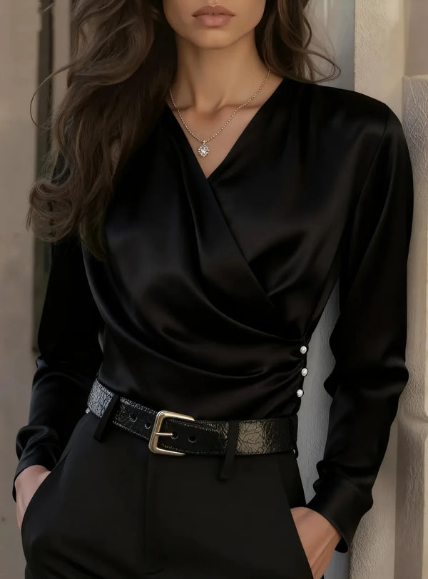 Womens Satin V Neck Wrap Shirt Long Sleeve Dressy Blouse