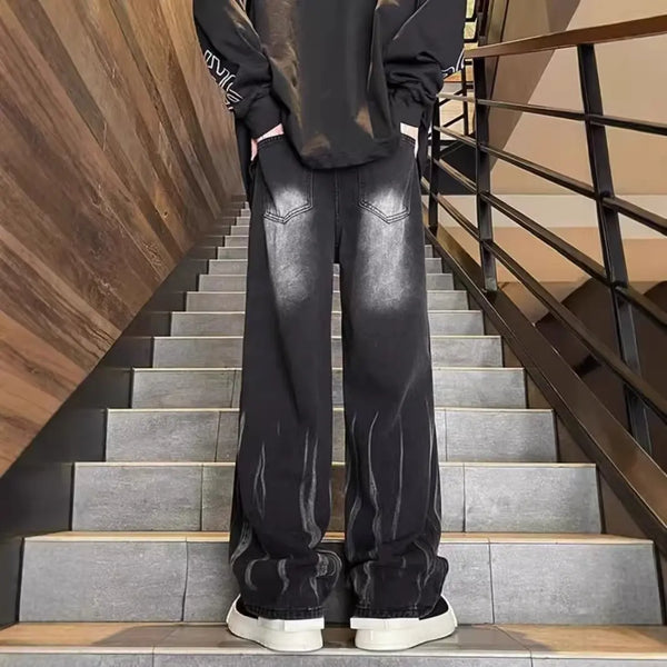 Mens Baggy Dye Denim Jeans Streetwear Loose Fit Pants