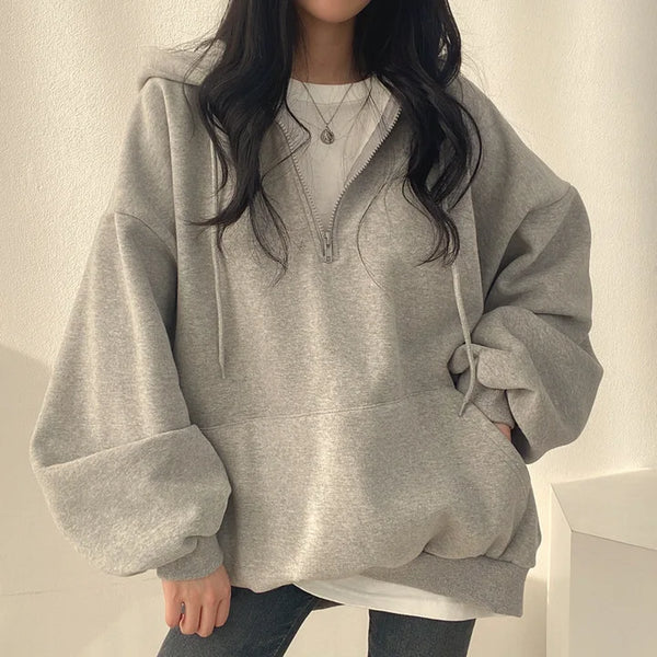 Oversized Half Zip Hoodie Women Solid Harajuku Pocket Sweatshirt