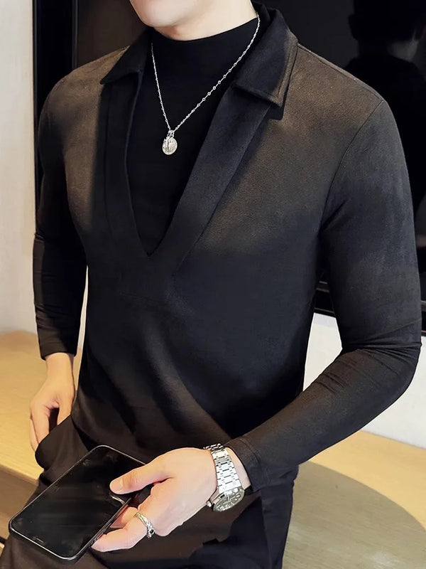 Men Suede V Neck T Shirt Mock Layer Slim Fit Pullover