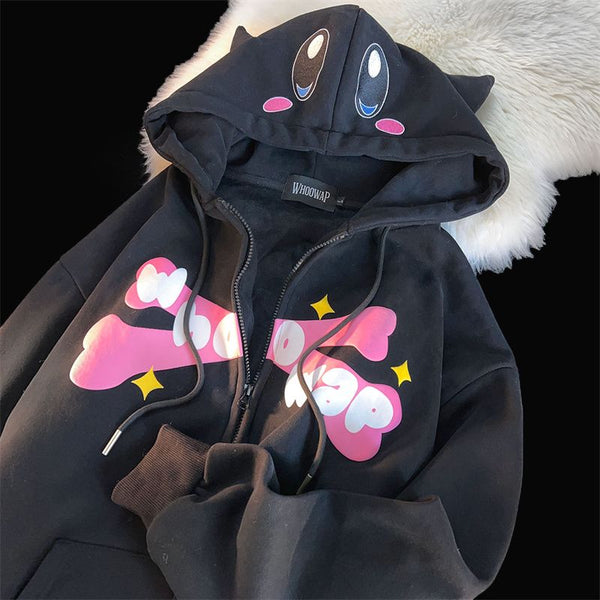 Hoodies Devil Horn Kawaii Cartoon Zip Oversized
