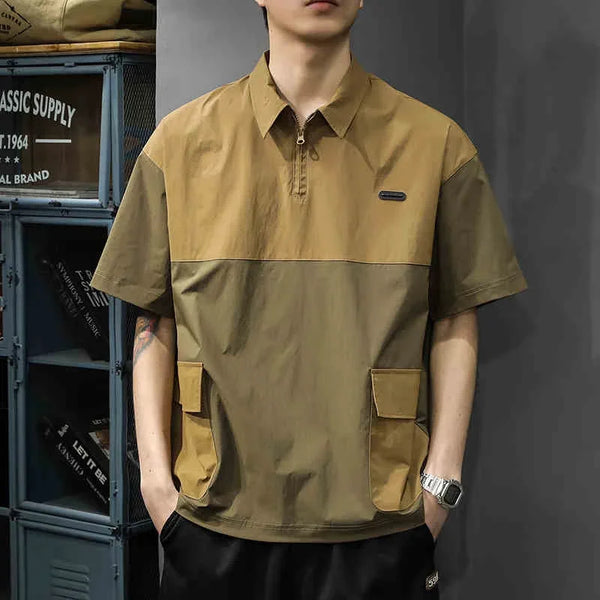 Mens Cargo Pocket Polo Shirt Half Zip Patchwork Casual Tee 2026