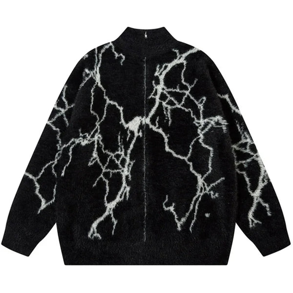 American High Street Retro Lightning Crack Jacquard Sweater Jacket