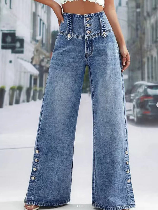 Mid Waist Wide Leg Jeans Women Blue Button Fly Loose Denim Pants