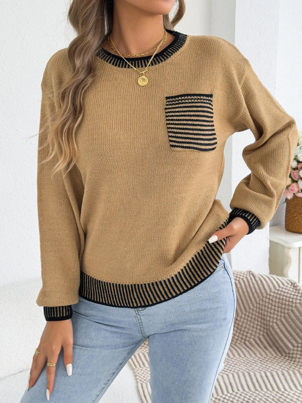 Womens Color Block Stripe Sweater Puff Sleeve Pocket Fall Winter