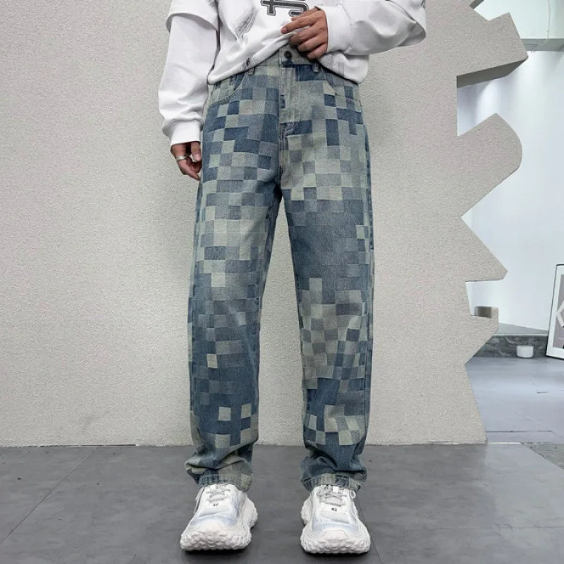 Men’s Light Luxury Mosaic Printed Jeans Retro Loose Wide-Leg Denim Trousers