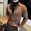 Men Suede V Neck T Shirt Mock Layer Slim Fit Pullover