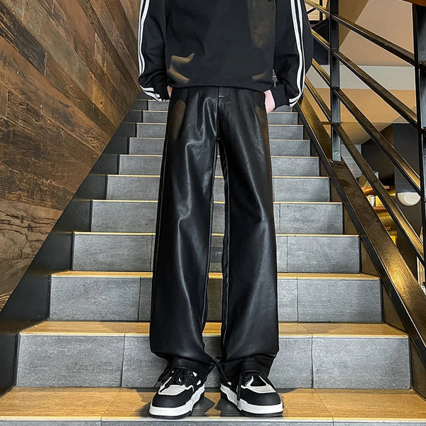 Men Windproof Leather Pants Baggy Wide Leg Trousers