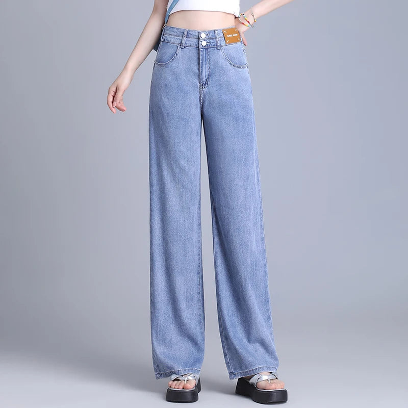Women's Summer Tencel Loose Wide Leg Jeans Elastic Waist Denim