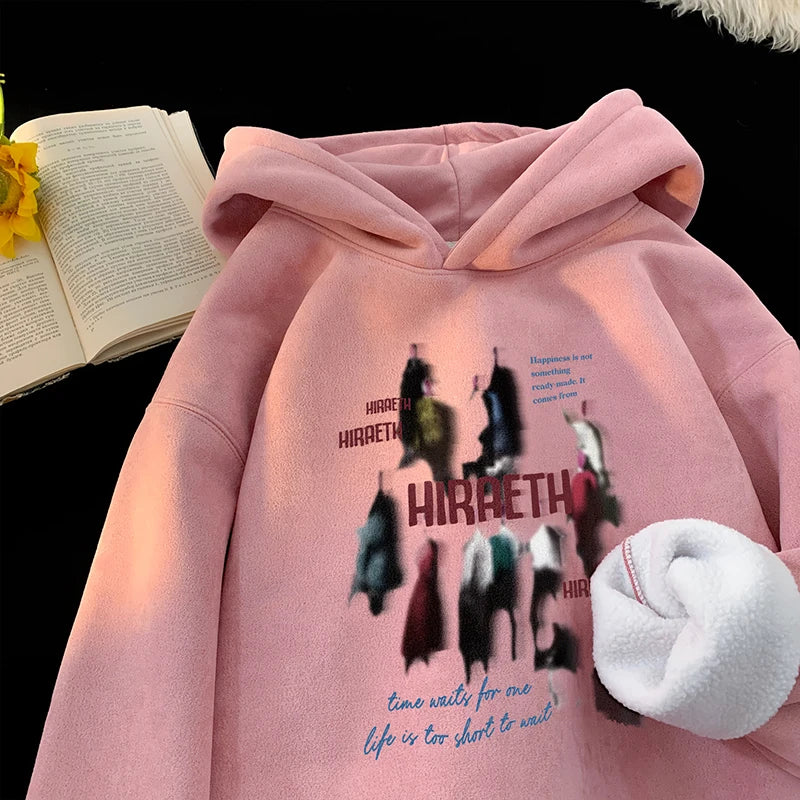 Vintage Portrait Print Suede Hoodie Men Streetwear