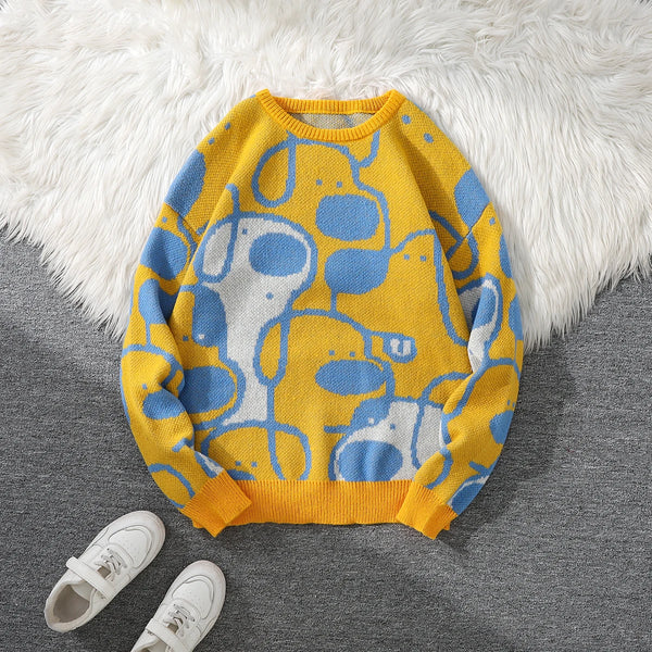 Mens Dog Print Sweater Crew Neck Double Sided Knit Pullover Casual