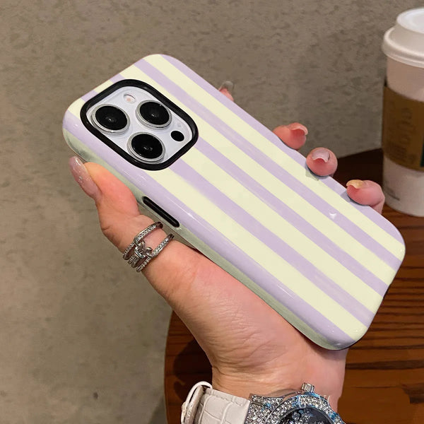 Cream Purple Stripe iPhone Case Dual Layer 13 14 15 16 17 Pro Max